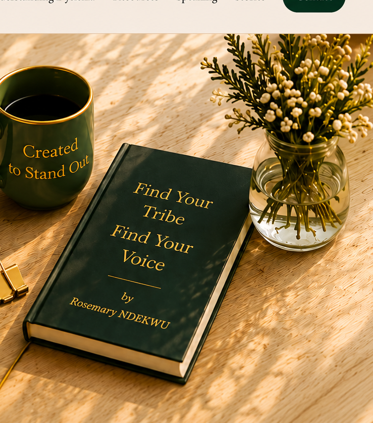 Still-life with green Created to Stand Out mug, Find Your Tribe Find Your Voice book by Rosemary NDEKWU, gold binder clips, baby's breath in a glass vase, wooden surface